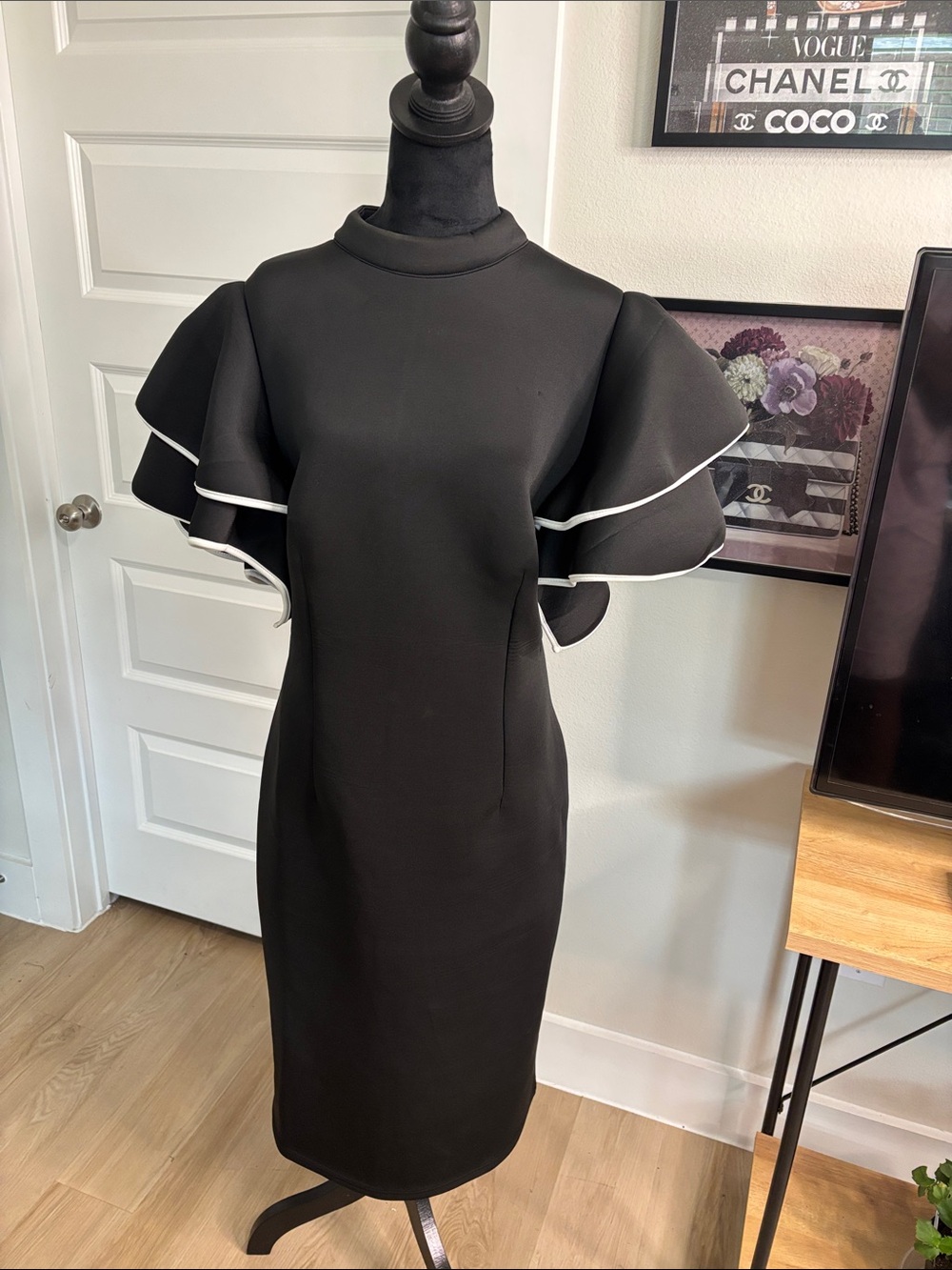 Fashion Nova Black Midi Dress with White Trim Ruffle Sleeves